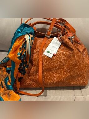 Isadora Embossed Floral Genuine Italian Leather Tote in Papaya